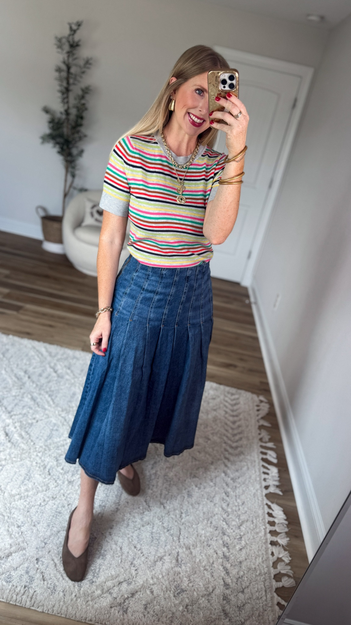 Weekend Walmart Wins try-on
Striped short sleeve sweater- medium 
Denim midi skirt- 6

#LTKootd