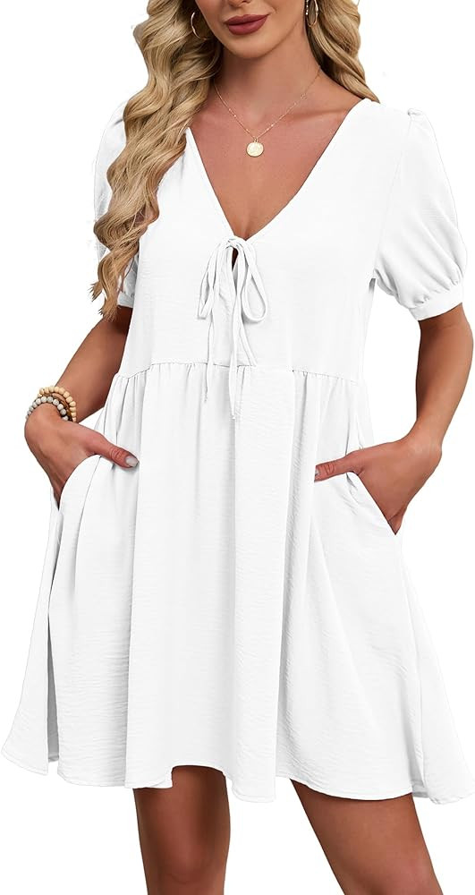 Kikibell Womens Summer Dresses A Line V Neck Tie Front Babydoll Dress with Pockets Flowy Trendy M... | Amazon (US)