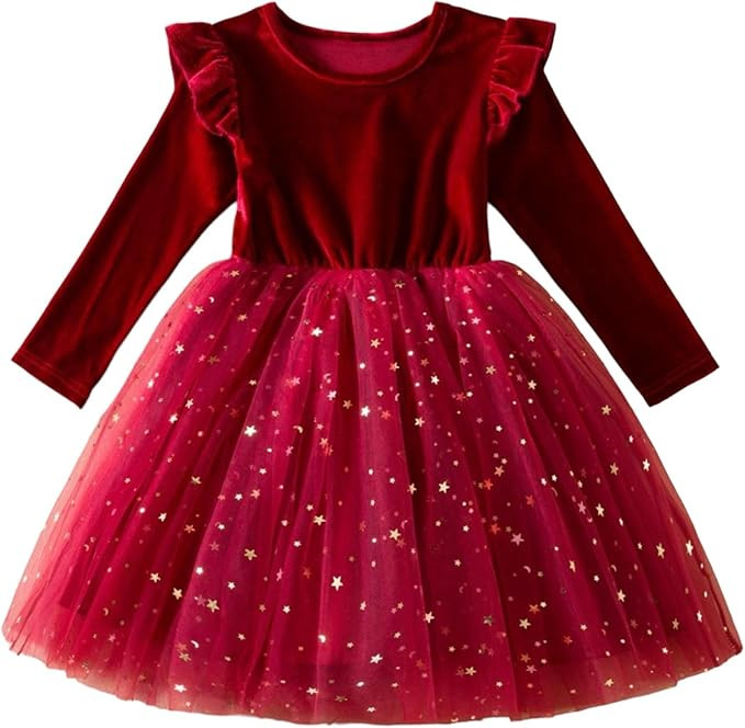 Sparkling Toddler and Girls Holiday Red Dress Velvet Tulle Fall Winter Long Sleeve Ruffle Occasio... | Amazon (US)