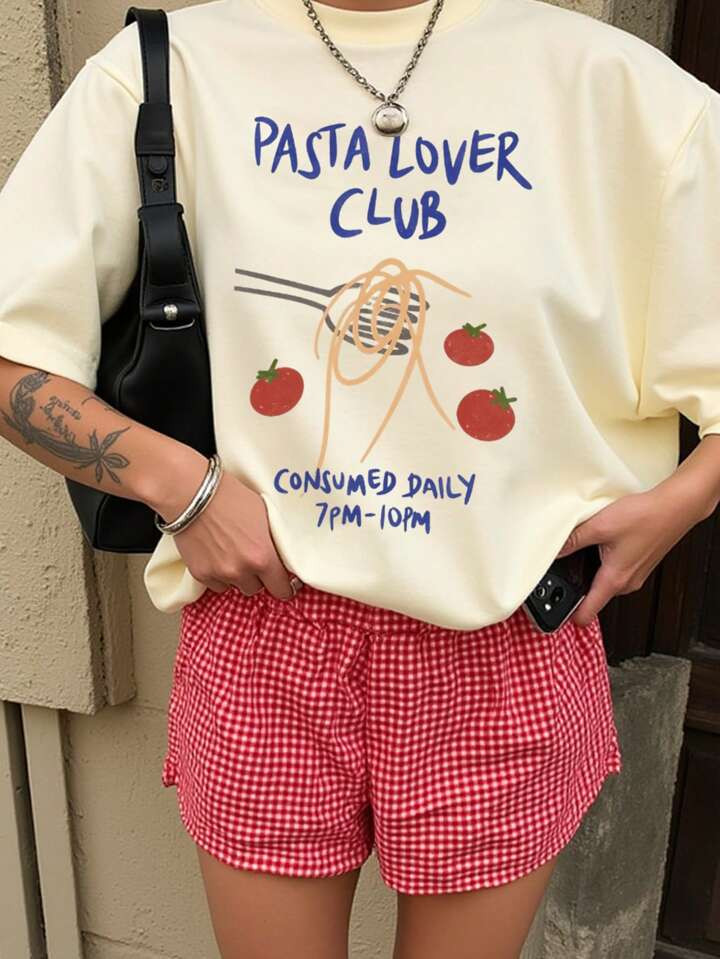 Flirla Pasta Lover Club Casual T Shirt Cartoon Graphic | SHEIN