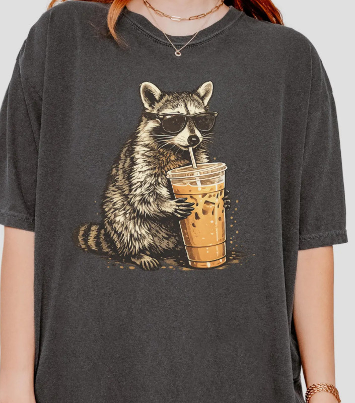 Raccoon Drinking Iced Coffee Shirt | Funny Animal Meme Tee | Coffee Lover Raccoon Shirt | Comfort Colors Tshirt, Unisex Graphic T Shirt 

 