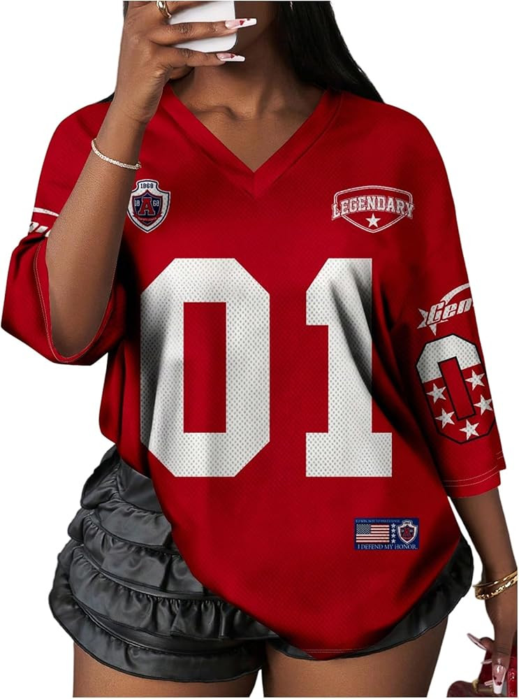 WDIRARA Women's Oversized Jersey Shirts Number Graphic Tee V Neck Half Sleeve T-Shirt Tops | Amazon (US)