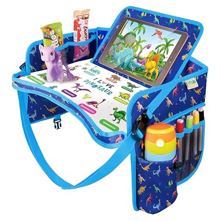 Kids Travel Tray - Waterproof Car Table with No-Drop Large Tablet Holder - Car Seat Tray - Road T... | Amazon (US)
