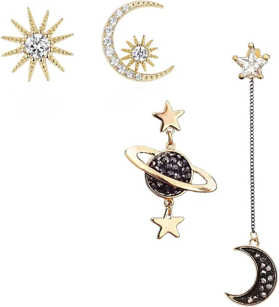 Dainty Sun and Moon Stud Earrings Asymmetrical Stars Dangle Stud Earrings for Women Planet Earrin... | Amazon (US)