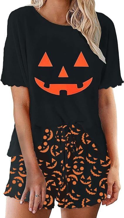 Women's Ruffle Short Sleeve Tops and Shorts Scary Halloween Jack O Lantern Holiday Pajamas Sets | Amazon (US)