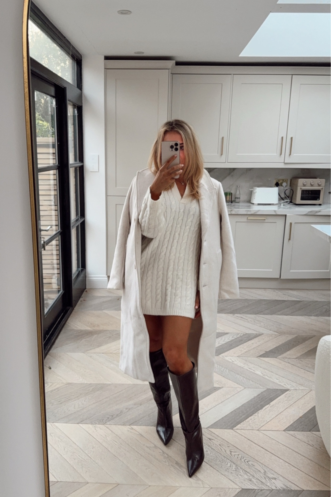 Abercrombie sale - Boxing Day sale - Abercrombie and fitch sale - Abercrombie and fitch jumper dress - knit dress - sweater dress - knitted dress - knee high boots - asos - leather boots - over the knee boots - white coat - cream coat - wool coat - Abercrombie & fitch 

#LTKWinterSale #LTKwinter #LTKeurope