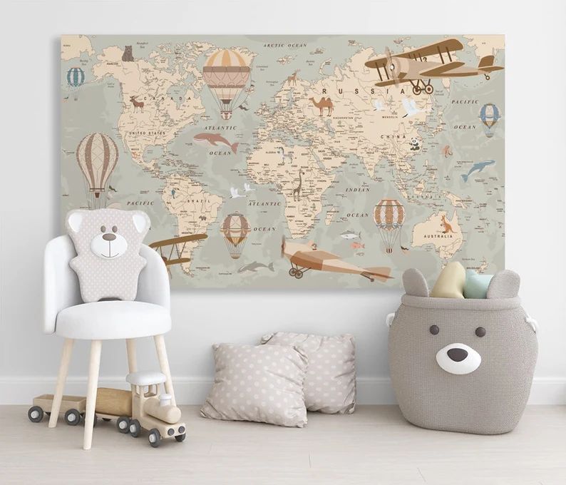 Nursery World Map Canvas Kids World Map Decor Kids Map Print - Etsy | Etsy (US)