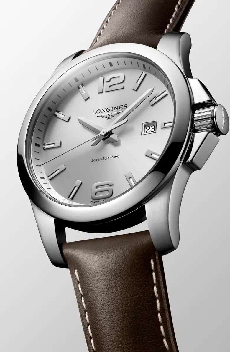 Conquest Classic Leather Strap Watch, 43mm | Nordstrom