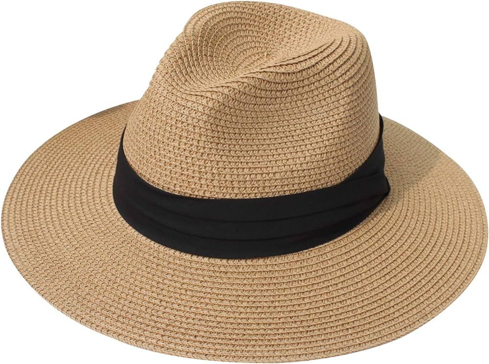 DRESHOW Women Straw Panama Hat Fedora Beach Sun Hat Wide Brim Straw Roll up Hat UPF 50+ | Amazon (US)
