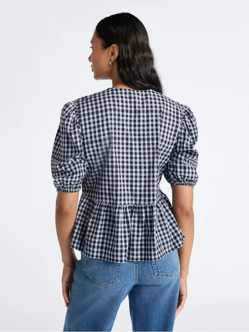 Time and Tru Women's Tie Front Peplum Top with Short Puff Sleeves, Size XS – XXXL | Walmart (US)