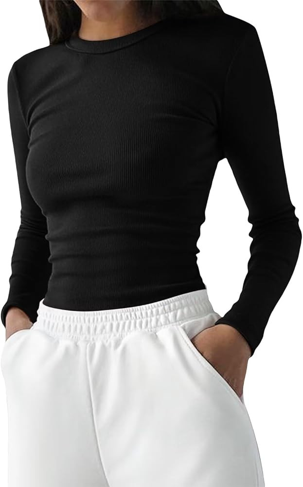 Syellowafter Camiseta de manga larga acanalada con cuello redondo para mujer, ajustada, para oto... | Amazon (US)