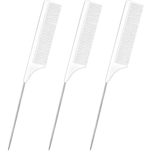 3 Pack Hair Rat Tail Combs Set, Parting Rattail, Teasing Fine Tooth Comb, Metal Hair Pick Detangling, Heat Resistant Carbon Fiber Teasing Comb, and Stainless Steel Pintail(White) | Amazon (US)