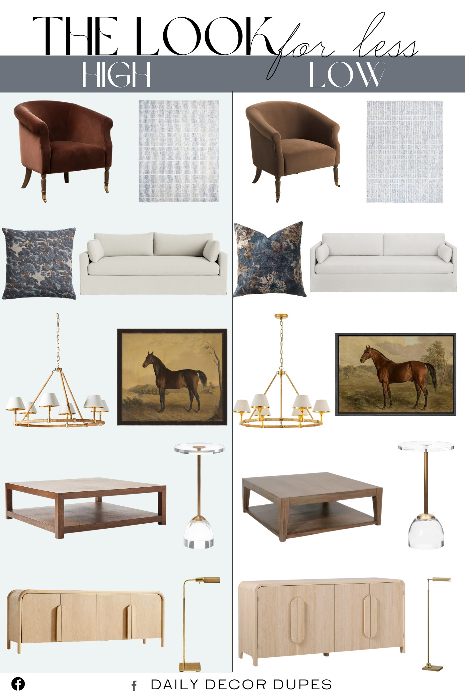 This 10 High/Low Living Room Furniture roundup pairs elevated designer-inspired pieces with more budget-friendly options, including accent chairs, sofas, coffee tables, lighting, artwork, and storage furniture. These high/low home decor finds make it easier to create a stylish living room with warm wood tones, neutral upholstery, vintage-inspired accents, and timeless textures without overspending. From statement furniture to finishing touches, these affordable living room ideas show that beautiful design can work with almost any budget. ✨🏡🛋️

Home more affordable option find similar look for less budget friendly affordable cheap cheaper beautiful pretty. Clearance sale coupon code discount code promo code luxury Inspo inspiration inspired by idea ideas Love like these? I share multiple every day in my FB group.
#10HighLow #HighLowFurniture #LivingRoomFurniture #LivingRoomDecor #AffordableHomeDecor #BudgetFriendlyDecor #DesignerInspired #LookforLess 

 #LTKHome