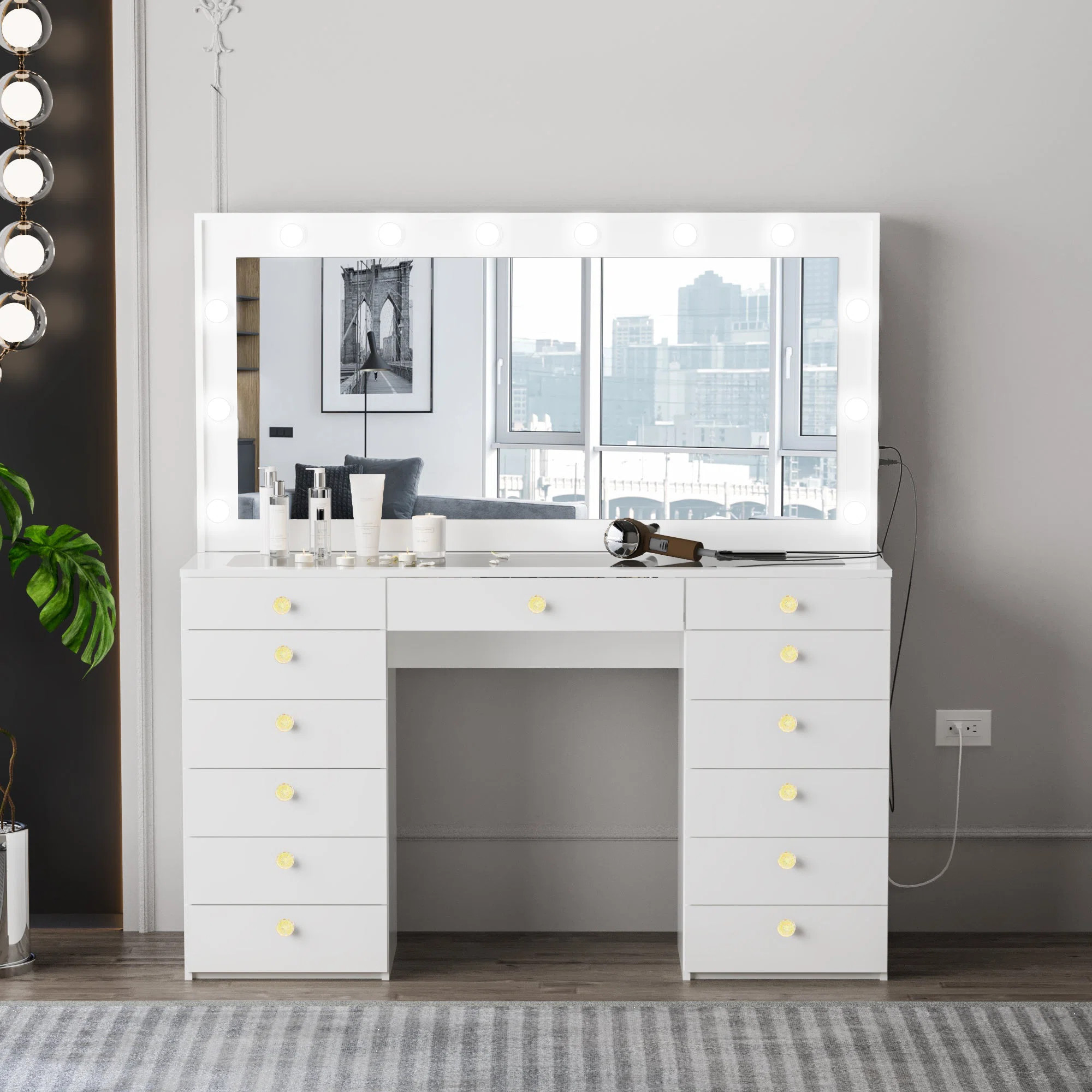 Boahaus EXTRA-LARGE Lighted Makeup Vanity Table, Big Mirror with Built-in Light Bulbs, 13 Drawers... | Wayfair North America