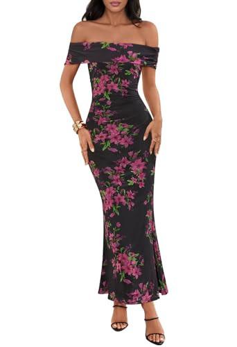 MEROKEETY Women's Summer Off Shoulder Floral Maxi Dress 2025 Formal Wedding Guest Cocktail Bodycon Dresses, Black, Large | Amazon (US)