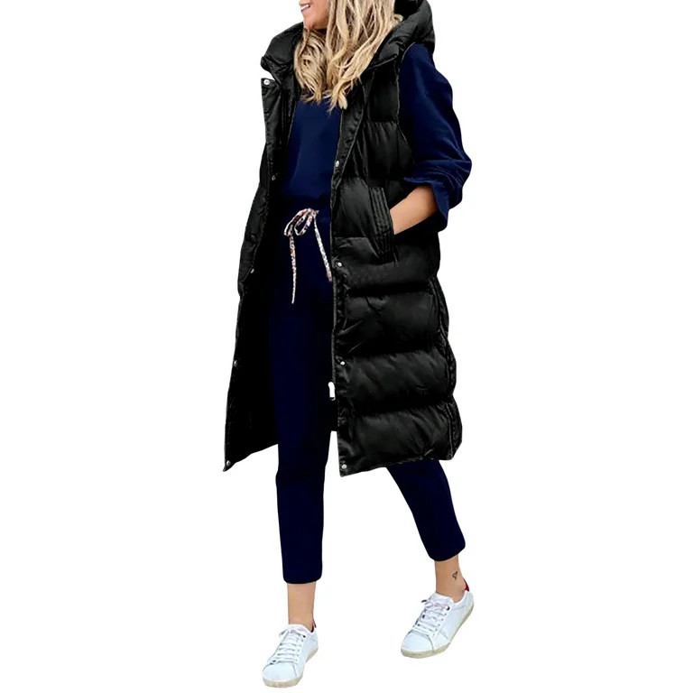FOCUSNORM Women Long Puffer Vest Quilted Faux Down Vest Sleeveless Hooded Puffer Jackets Winter W... | Walmart (US)