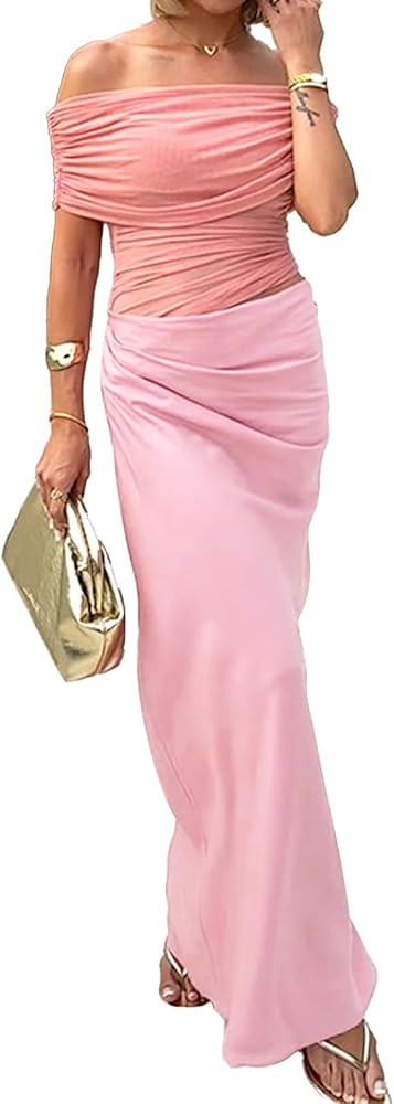 Women Off Shoulder Maxi Dress Sheer Mesh Ruched Long Dress Sexy Y2k Dresses Beach Clubwear | Amazon (US)