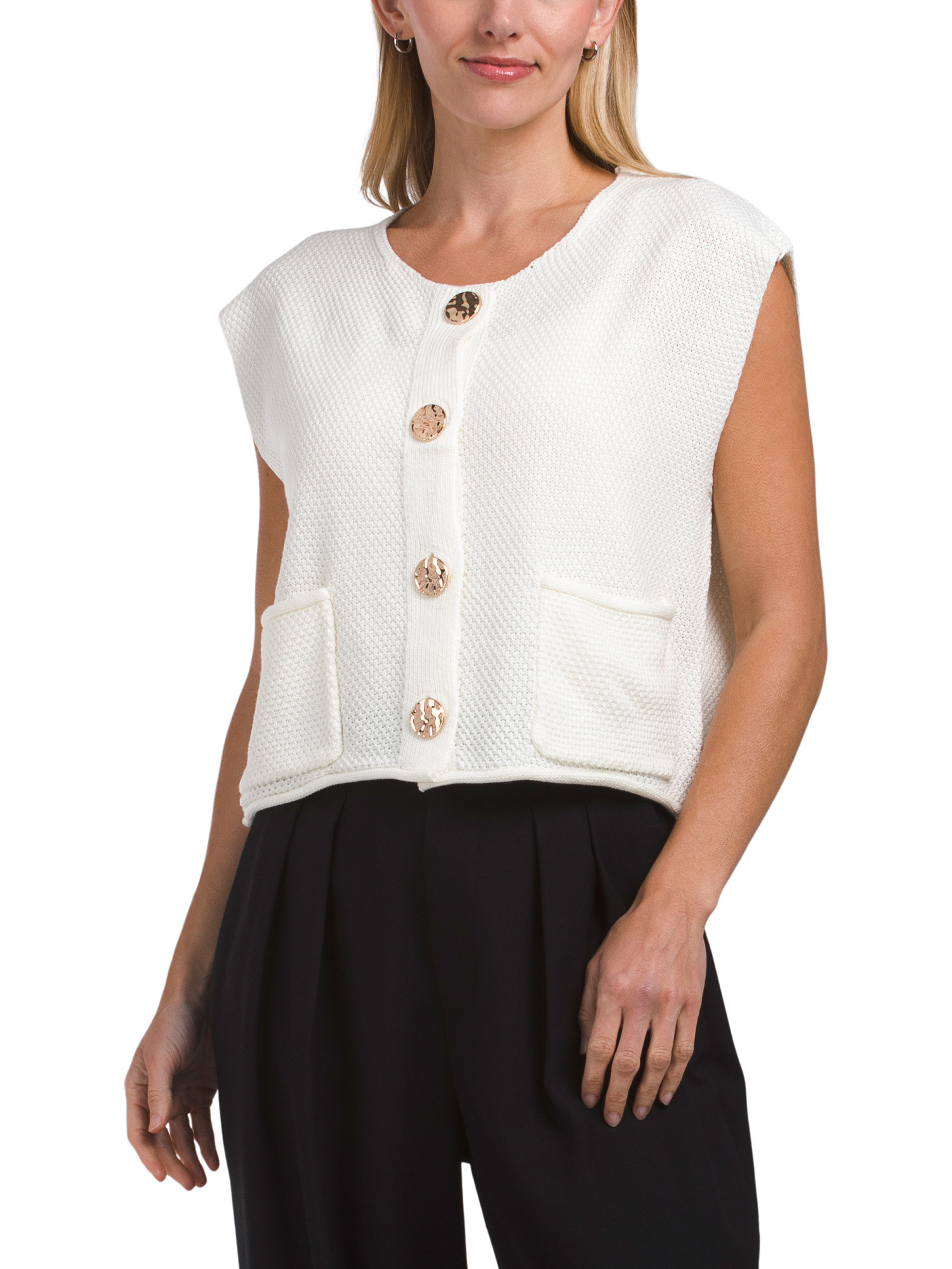 Scoop Neck Textured Stitch Vest With Buttons | TJ Maxx