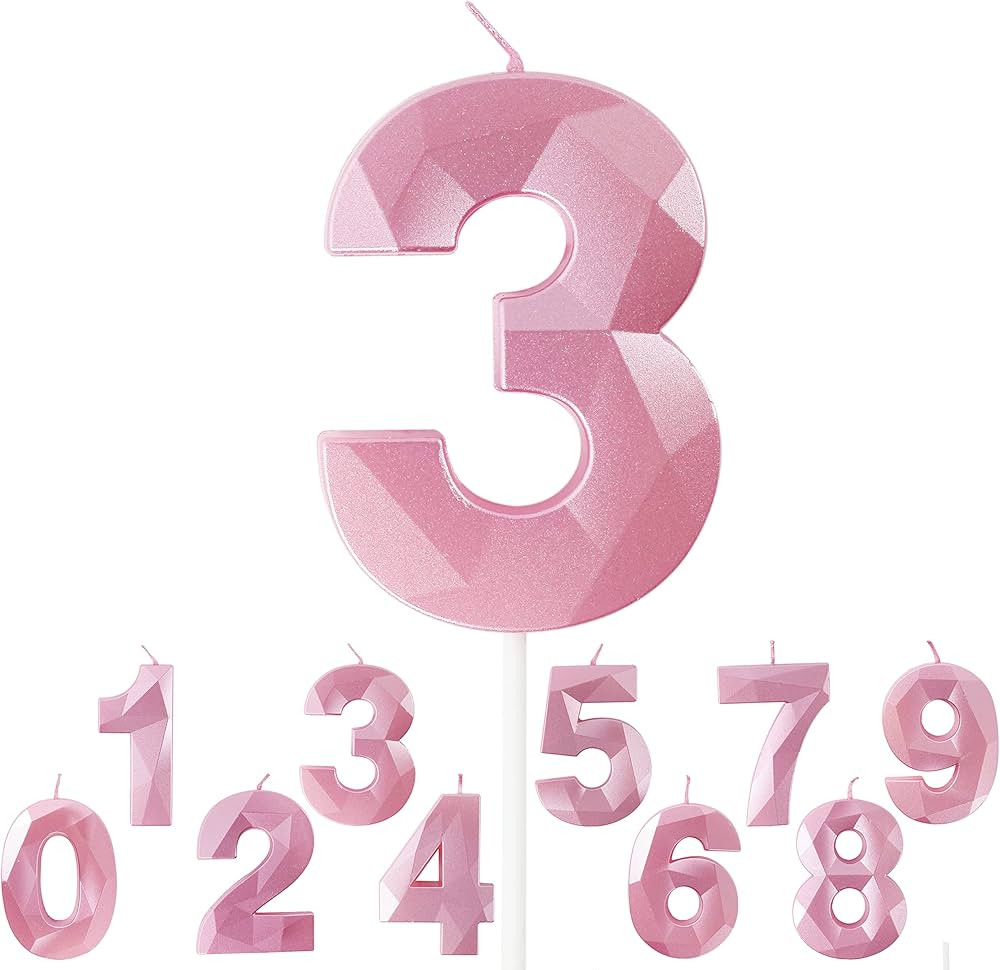 Pink Number 3 Candles 2.75 Inch 3D Diamond face Flash Birthday Number Candlesfor Birthday Party,W... | Amazon (US)