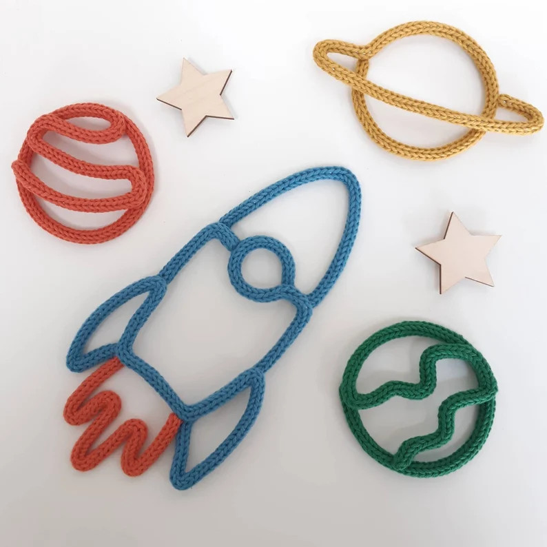 Space Theme Knitted Wire Decorations// Rocket, Planets and Stars // Wire Nursery Bedroom Decorati... | Etsy (Global)
