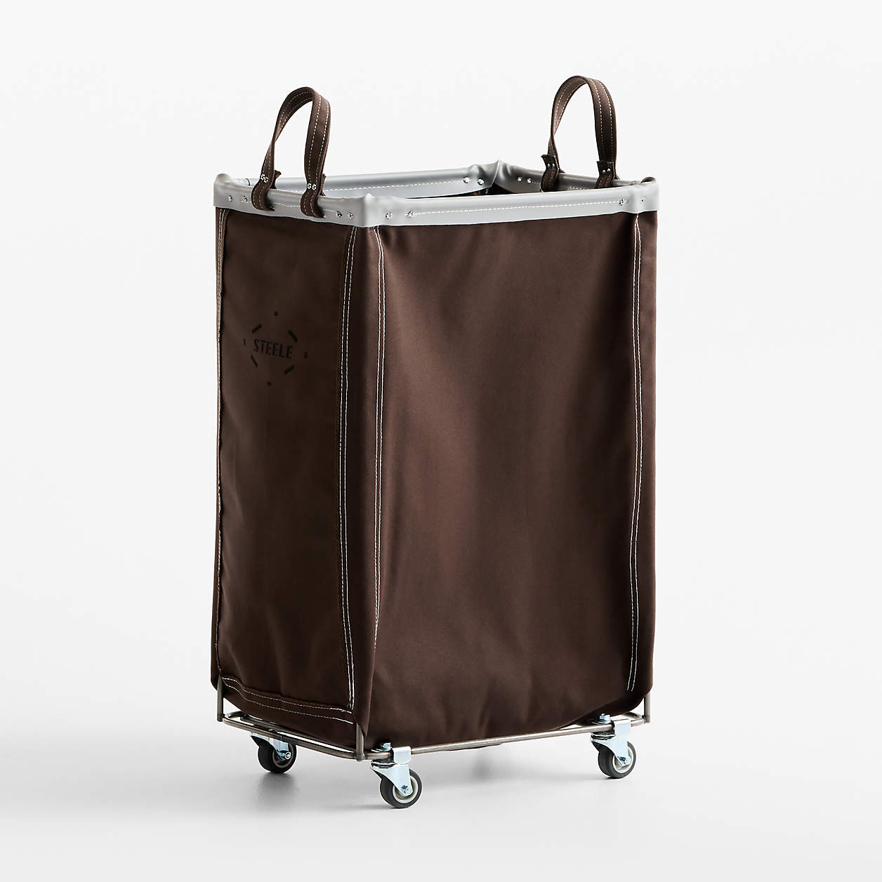 Steele Bourbon 2.5-Bushel Vertical Rolling Laundry Hamper + Reviews | Crate & Barrel | Crate & Barrel