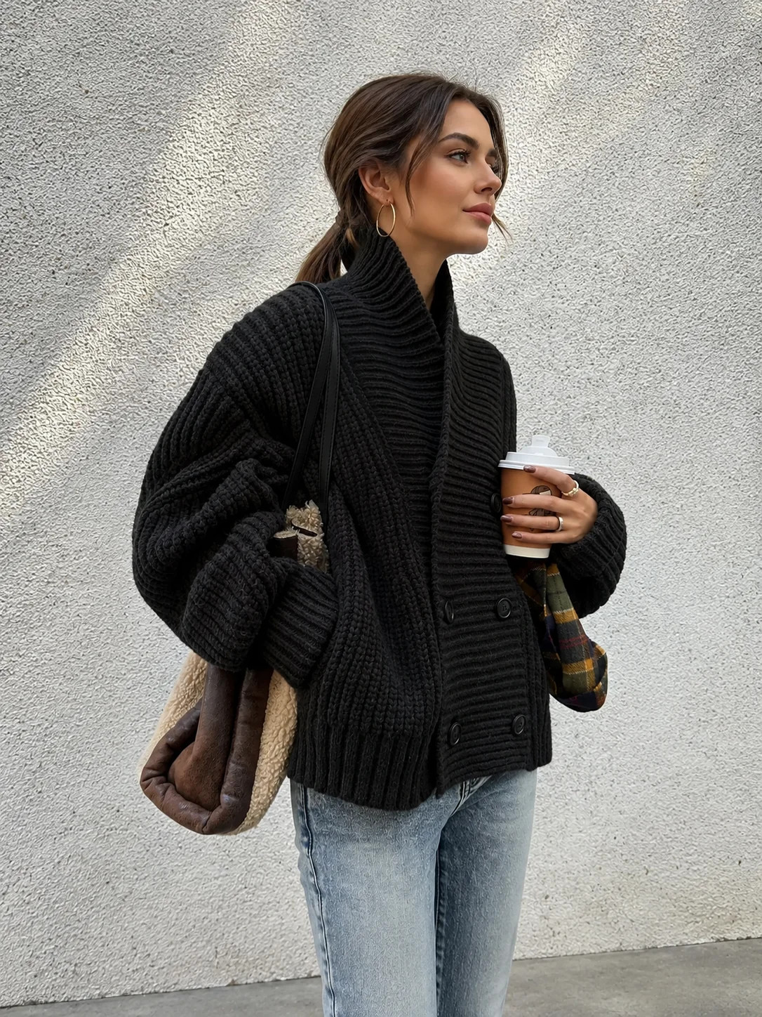 Ribbed Lapel Button Knit Outerwear | Commense