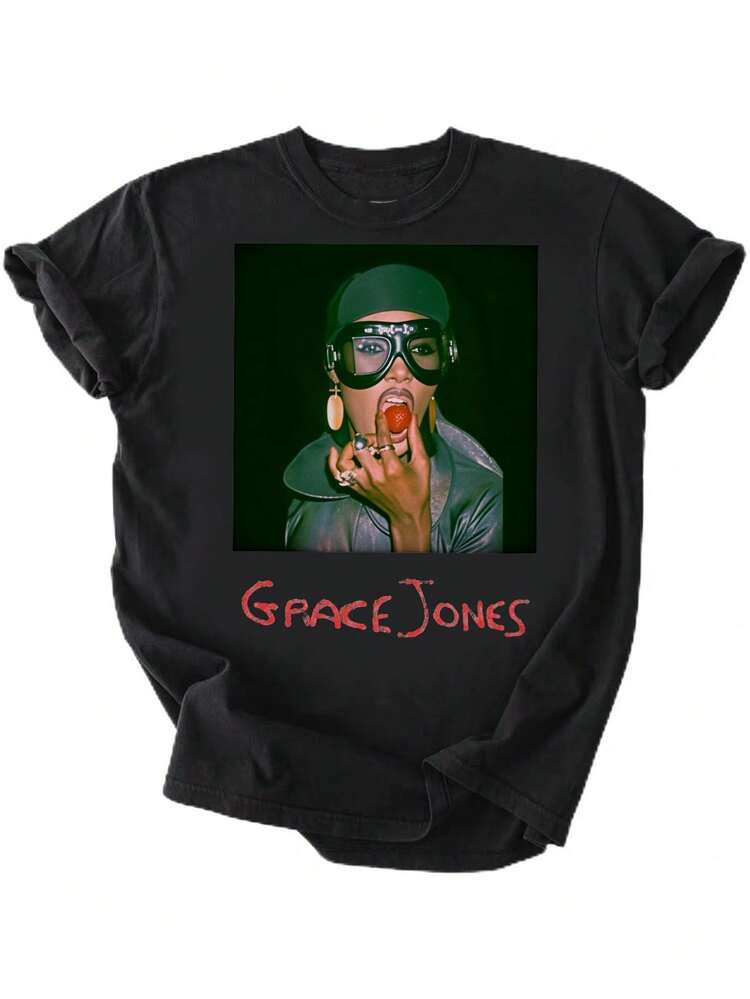 Grace Jones Strawberry Classic Printed T-Shirt, Women's Printed T-Shirt 220g, 100% Cotton, Retro ... | SHEIN