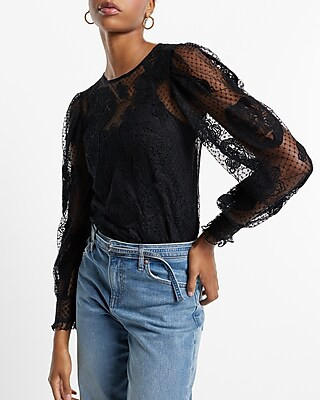 Lace Long Sleeve Crew Neck Top | Express