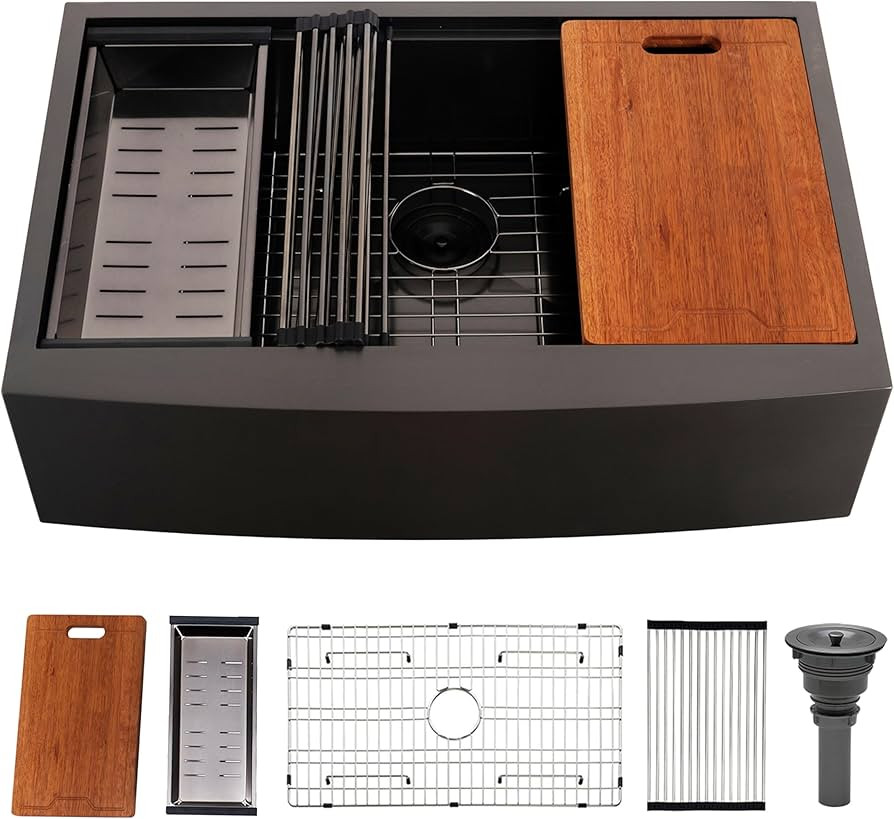 VCCUCINE 33 Inch Gunmetal Black Farmhouse Sink,33X22 Inch Single Bowl Farmhouse Kitchen Sink 16 G... | Amazon (US)