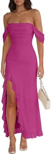 Caracilia Womens Summer Off The Shoulder Formal Bodycon Maxi Dresses High Slit Ruffle Hem Mesh We... | Amazon (US)