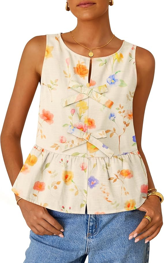 ZESICA Women's Summer Sleeveless Gingham Tank Tops 2026 Crewneck Tie Front Top Loose Ruffle Peplu... | Amazon (US)