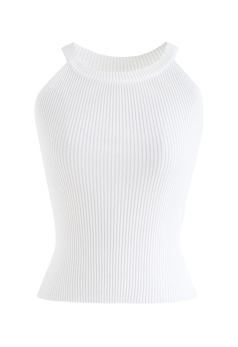 Fitted Ribbed Knit Halter Tank Top in White | Chicwish