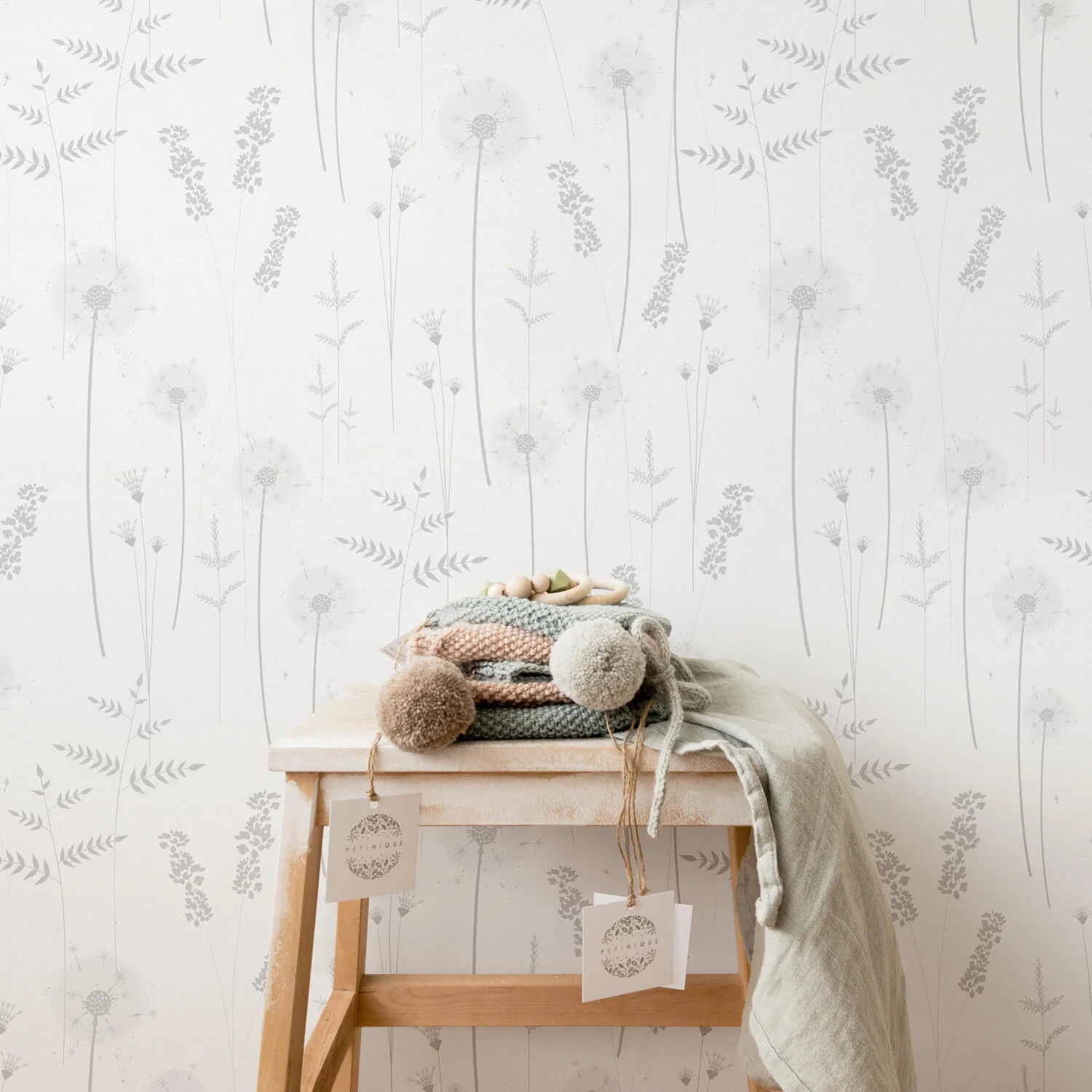 Grey meadow wildflowers nursery removable wallpaper | Livettes Wallpaper