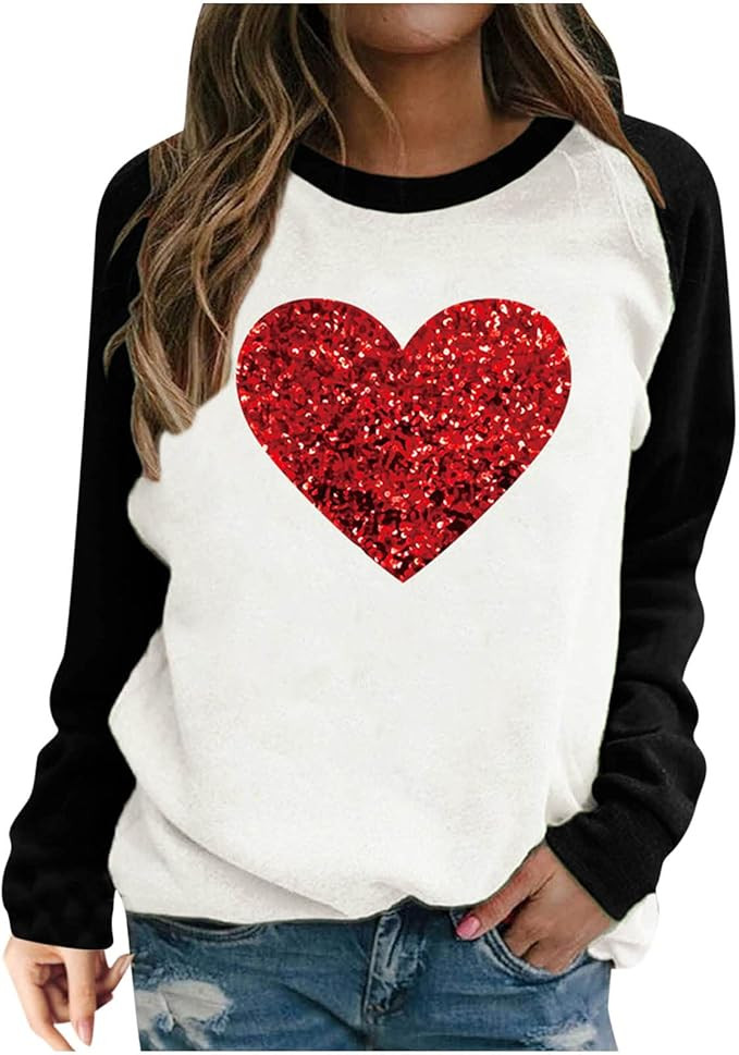 Valentines Day Sweatshirts for Women Trendy Plus Size Cute Love Heart Graphic Shirts Dressy Long ... | Amazon (US)