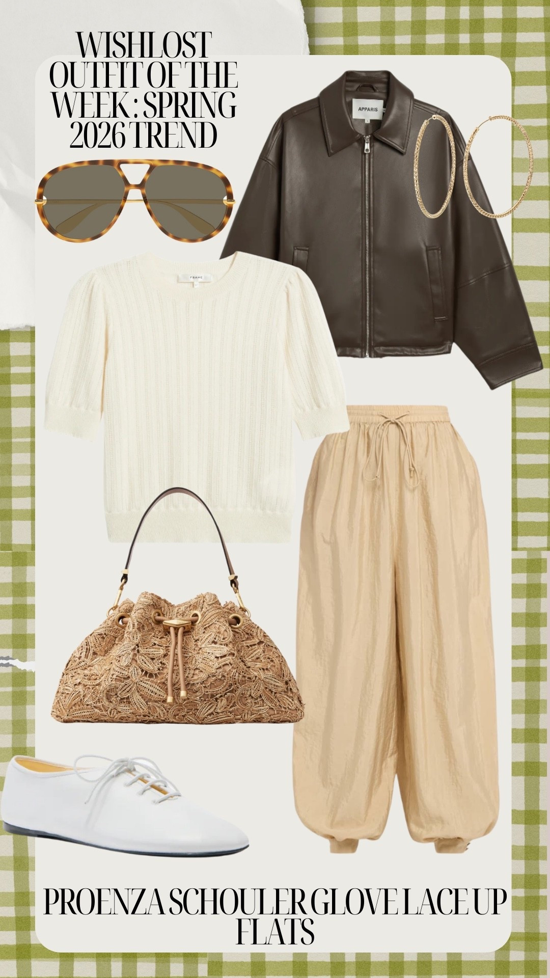 If you’re feelin’ SPLURGE-Y, here’s this week’s Wishlist Outfit of the Week

Proenza Schouler Glove Lace Up Flats

Pointelle Short Sleeve Sweater - FRAME (The Ladder Cashmere Sweater)
Khaki Balloon Pants - Cinq a Sept (Verne Woven Pants)
Brown Leather Bomber Jacket - Apparis (Ada Jacket)
Flower Woven Raffia Shoulder Bag - Jimmy Choo
Aviator Sunglasses - Bottega Veneta 
Large Gold Hoop Earrings - Bony Levy

#LTKOver40 #LTKSeasonal #LTKWorkwear