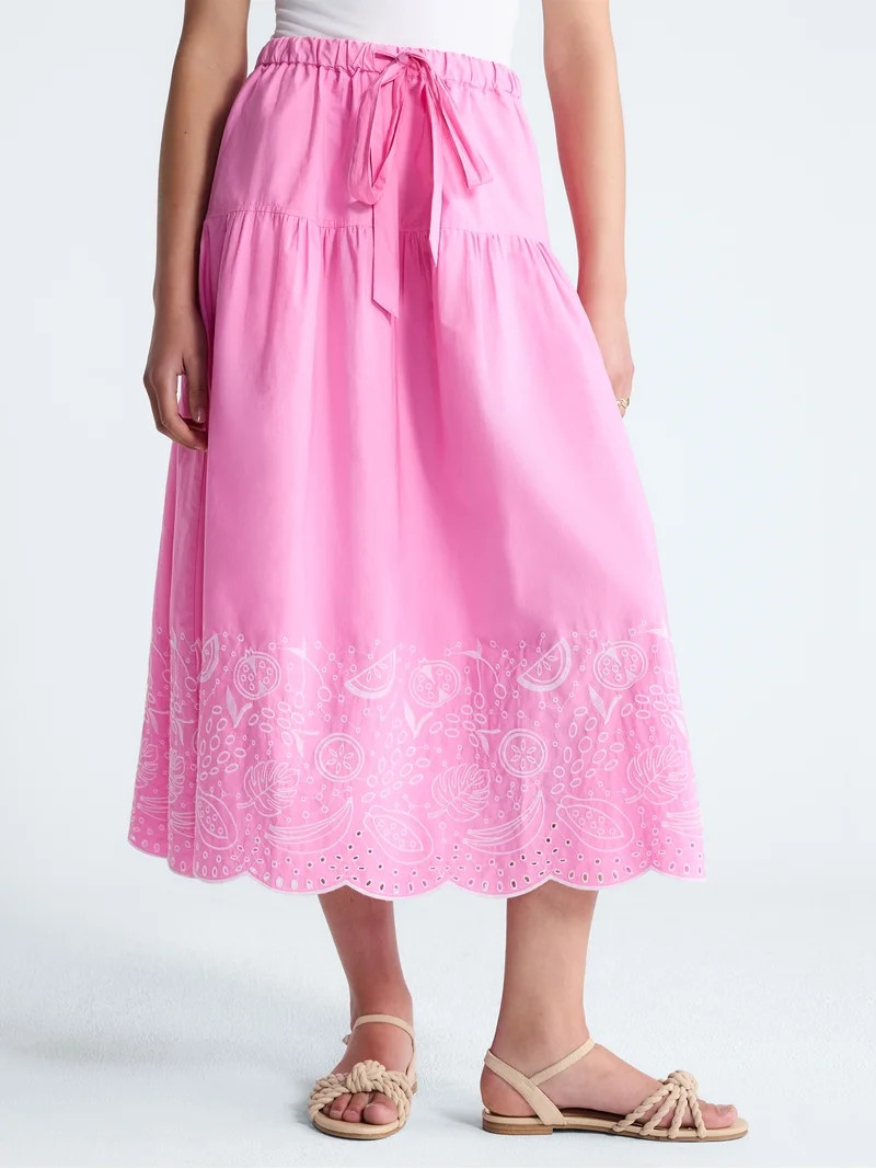 Free Assembly Women's Tie Waist Embroidered Cotton Midi Skirt, Sizes XS-XXL | Walmart (US)