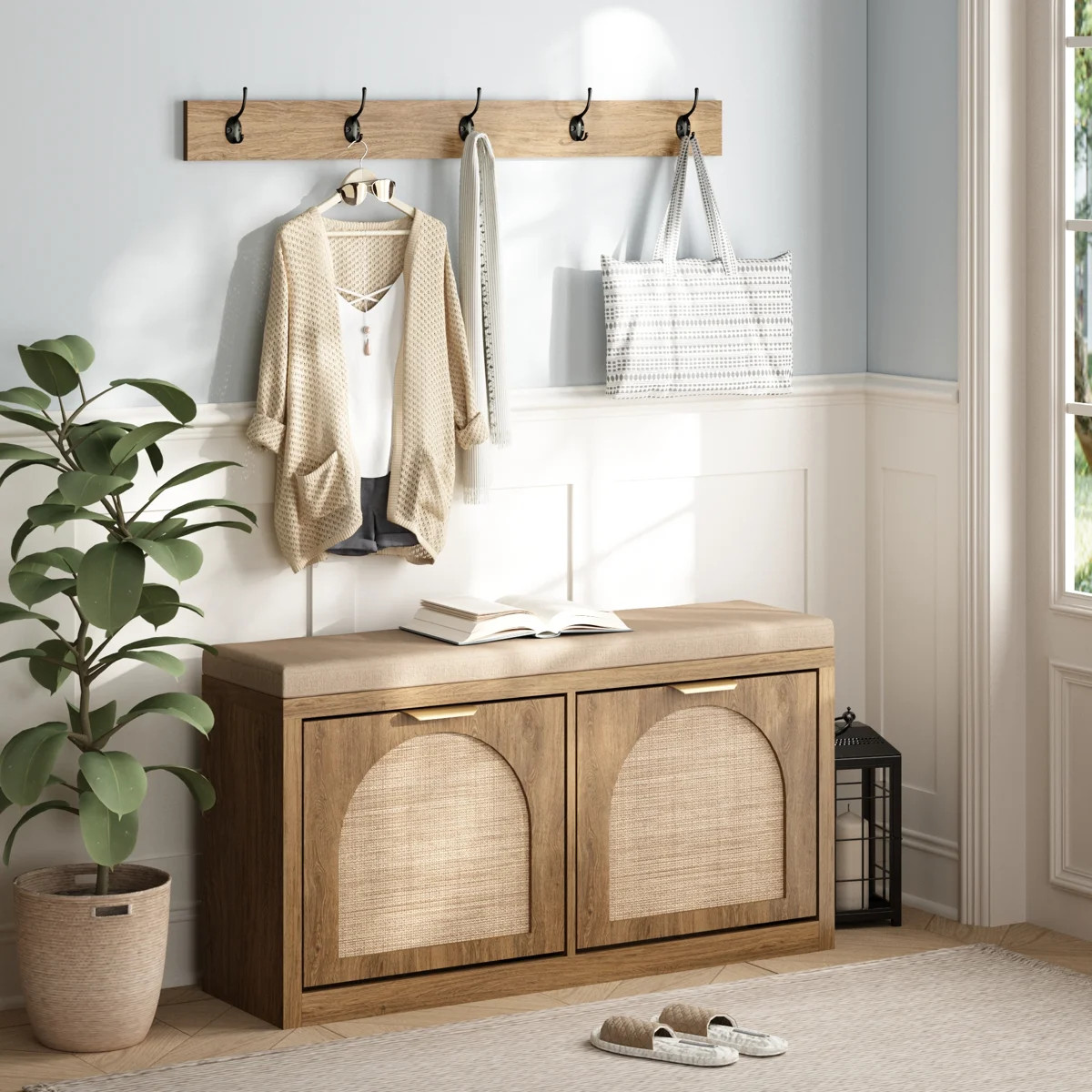 Gracie Oaks Anteus Storage Shoe Bench With Coat Rack Shoe Cabinet With Seat Cushion & Reviews | W... | Wayfair North America