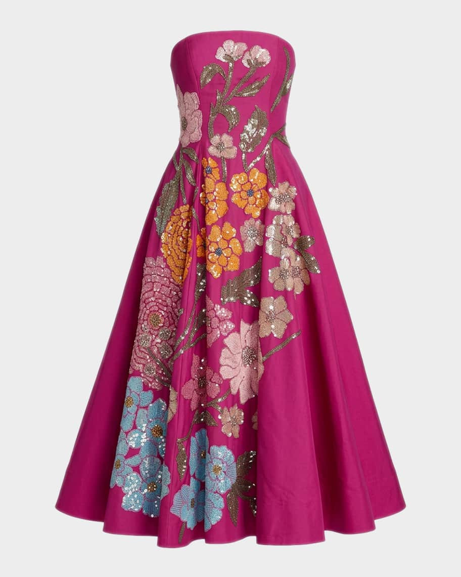 Mac Duggal Strapless Floral-Embellished A-Line Midi Dress | Neiman Marcus