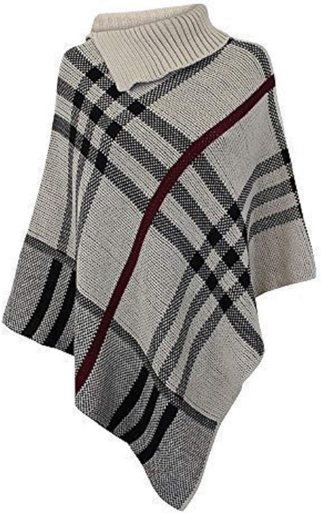 Women's Checked Knitted Winter Poncho Red Band Wrap Shawl Cape | Amazon (US)