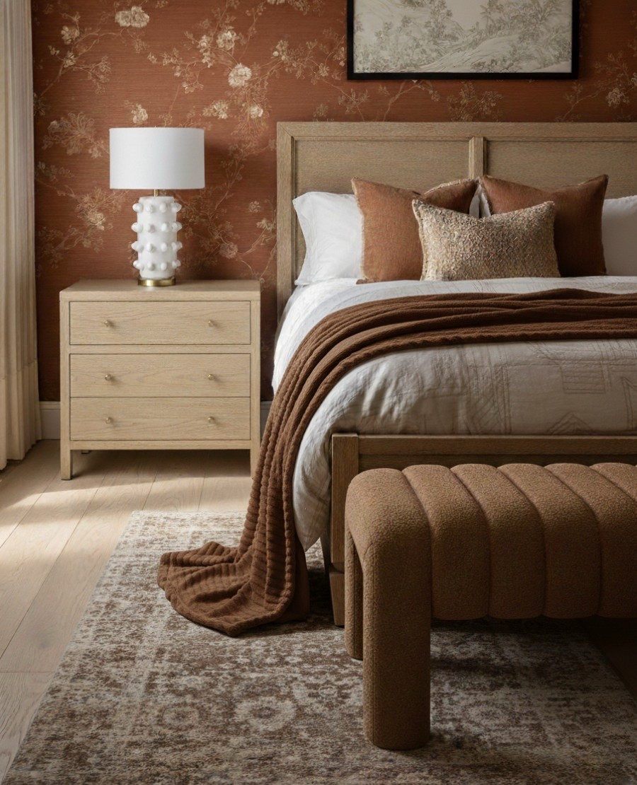 A rich and cozy bedroom design that radiates warmth and depth.
The terracotta floral wallpaper sets a soulful foundation, wrapping the space in color and texture. Layered with oak nightstands, caramel boucle, and soft tonal bedding, this room perfectly balances rustic warmth with modern polish.

Touches of ivory and brass — from the sculptural lamp to the woven rug beneath — add lightness and sophistication, while tonal pillows and a ribbed bench ground the palette in timeless comfort. 

#LTKHome #LTKSaleAlert #LTKFindsUnder100