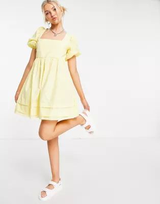 ASOS DESIGN cotton square neck mini smock dress with open tie back in lemon yellow | ASOS (Global)