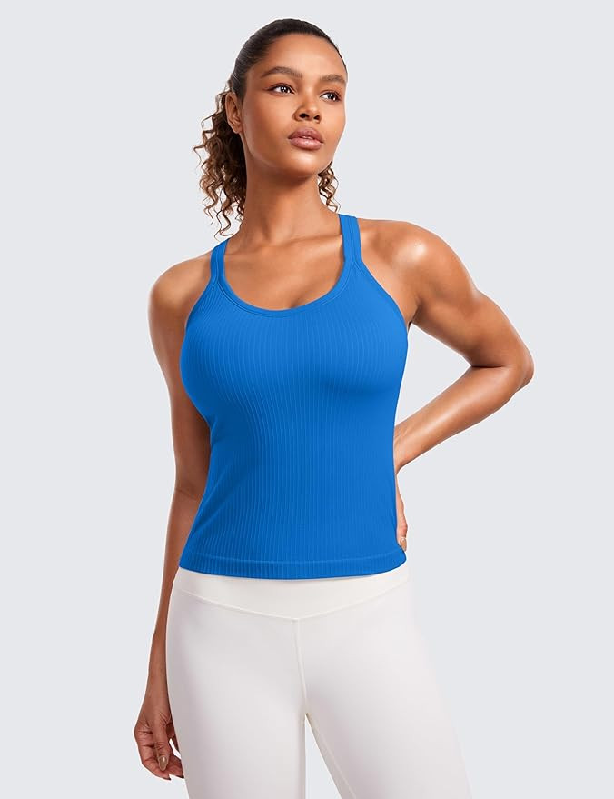 CRZ YOGA Seamless Ribbed Womens Tank Top Racerback Camisoles with Built in Bra Padded Scoop Neck ... | Amazon (US)