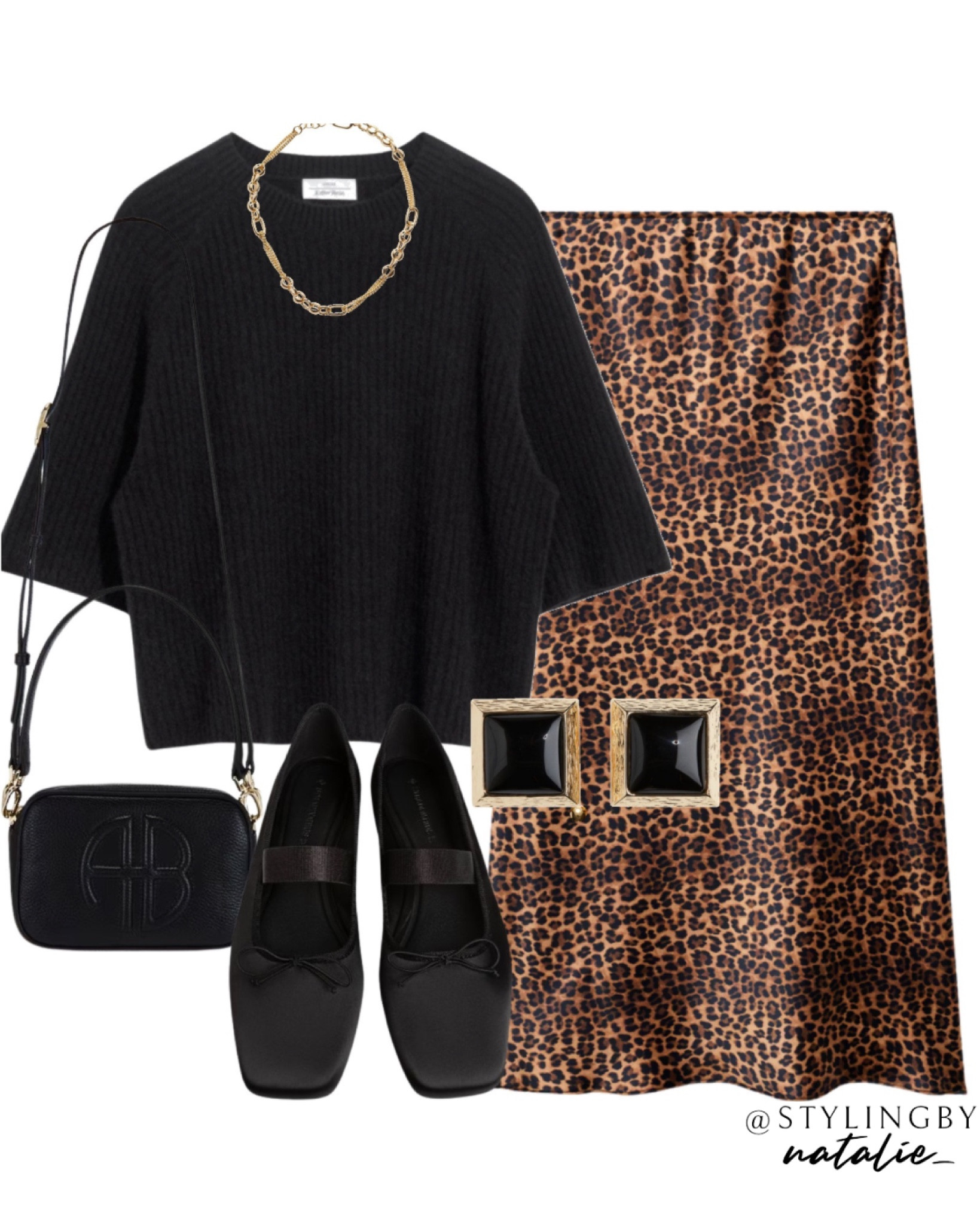 Animal print satin maxi skirt, black ribbed alpaca wool sweater, sateen ballet flats, square stone earrings, Anine bing cross body bag & gold chain necklace.
Casual chic, autumn outfit, fall outfit, leopard print, work wear.

#LTKautumn #LTKstyletip #LTKworkwear
