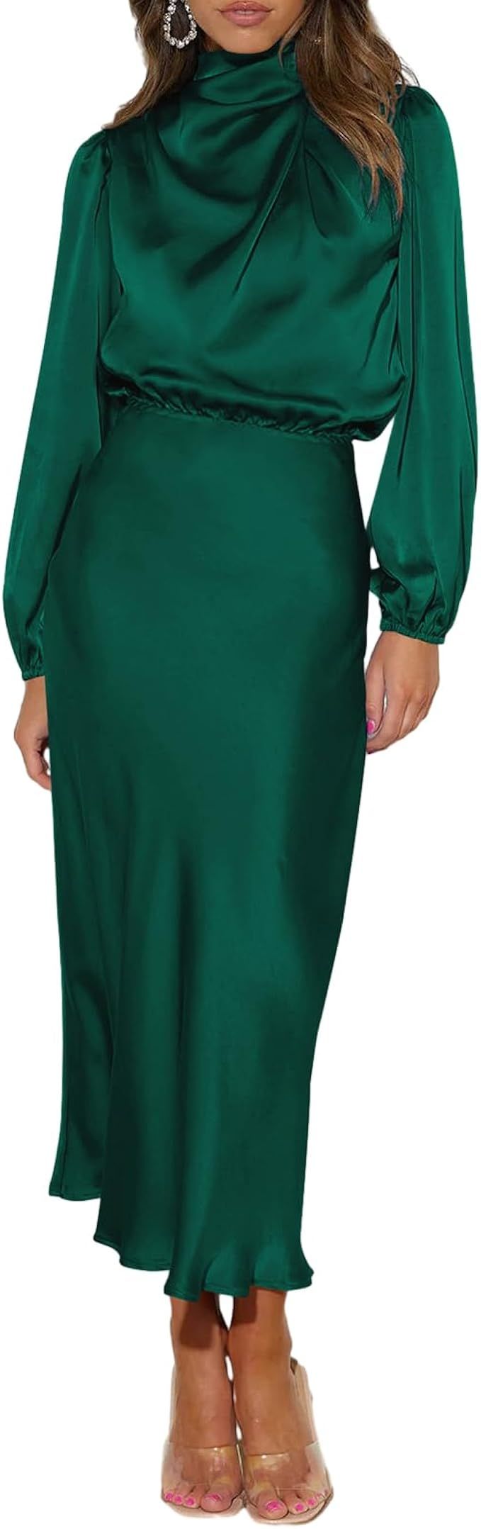BBIQI Women's Formal Satin Maxi Dress Long Sleeve Mock Neck Elegant Silk Dress Cocktail Fall Wedd... | Amazon (US)