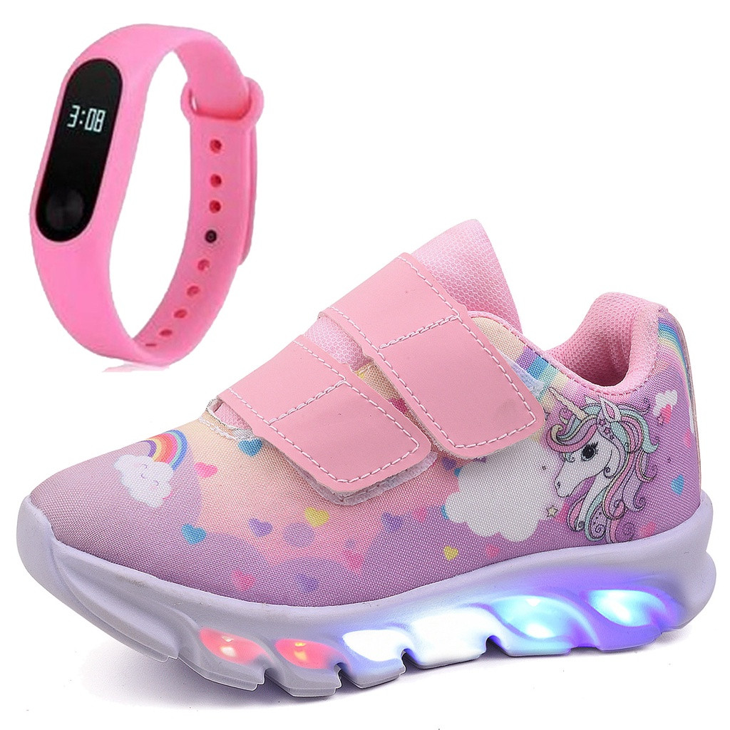 Tênis Infantil Feminino de Led Unicornio Menina Rosa Tira Colante com Relógio Trc | Shopee Bras... | Shopee (BR)