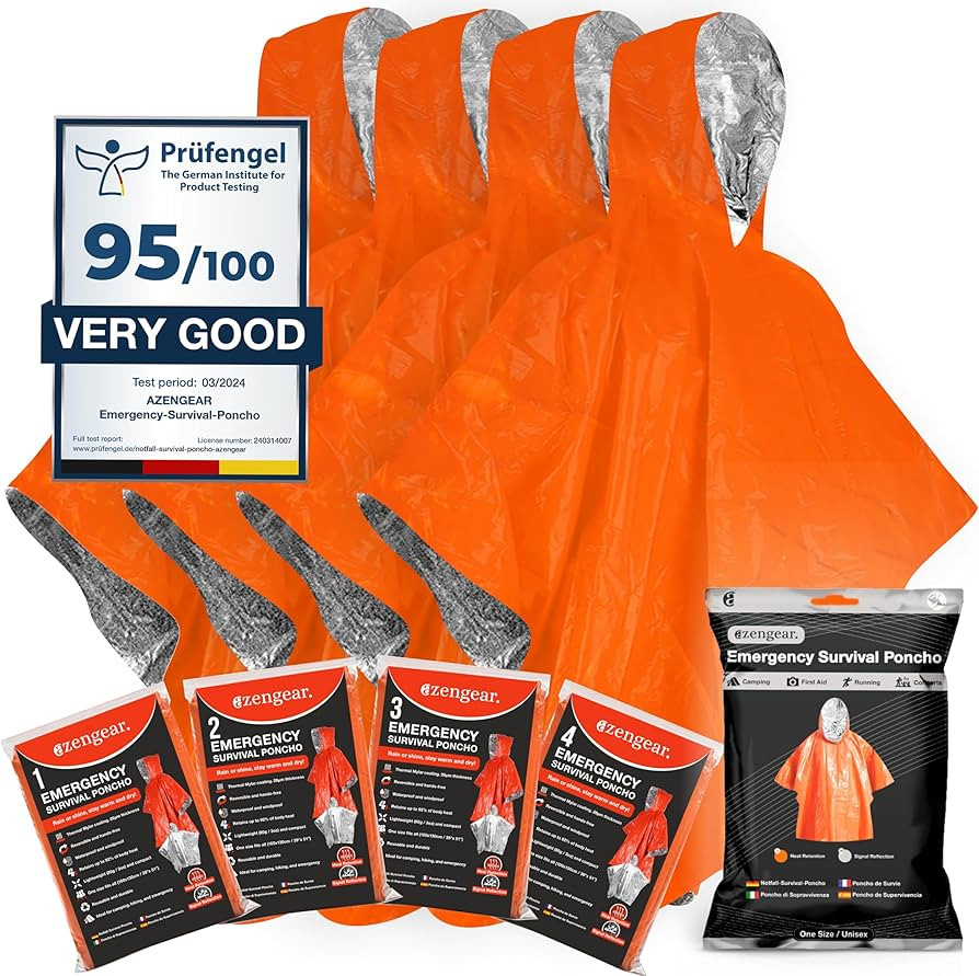 aZengear Emergency Survival Poncho (4pc) Thermal Mylar Foil Coating Blanket for Heat Retention an... | Amazon (US)