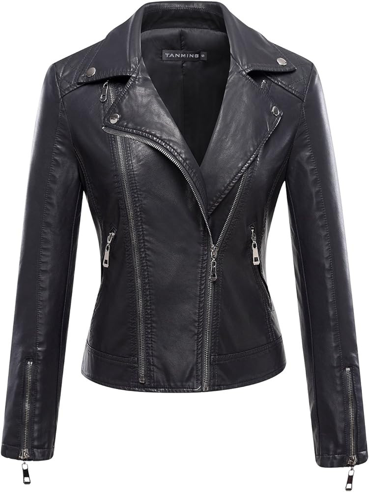 Tanming Women's Faux Leather Moto Biker Short Coat Jacket | Amazon (US)