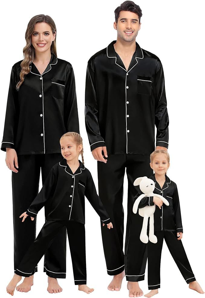 SWOMOG Family Matching Pajamas Set Silk Satin Button Down Sleepwear Long Sleeve Nightwear 2 Pcs P... | Amazon (US)
