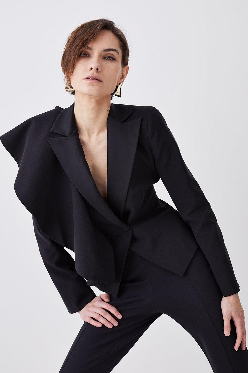 Italian Wool Satin Statement Ruffle Tailored Jacket | Karen Millen US