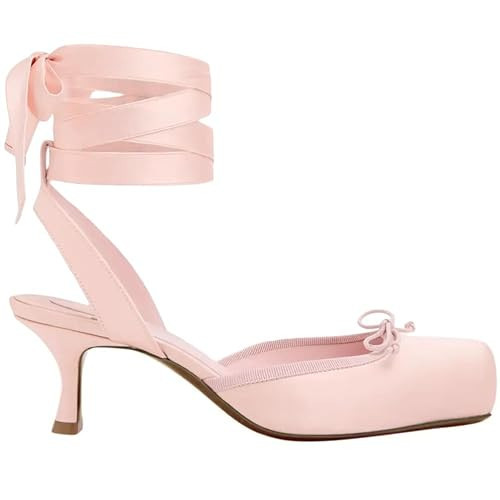 SYHXYHEG Pink Heels Strappy Heels for Women Ballet Heels Slingback Lace Up Ballerina Low Kitten Heel Closed Square Toe Sandals with Ribbon Satin Party Evening Sexy Cute Shoes 9.5 | Amazon (US)